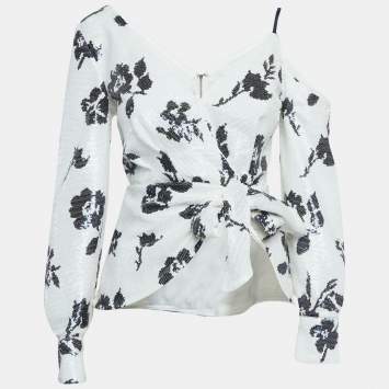 Pre Owned Self-Portrait White Floral Sequin Wrap Top S
