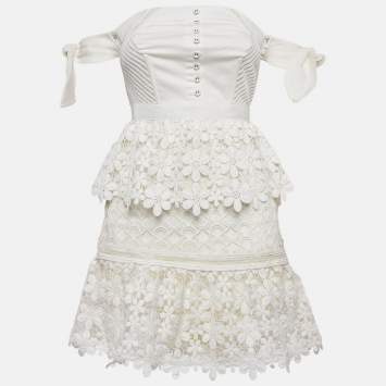 Pre Owned Self Portrait White Lace Tiered Off Shoulder Mini Dress S