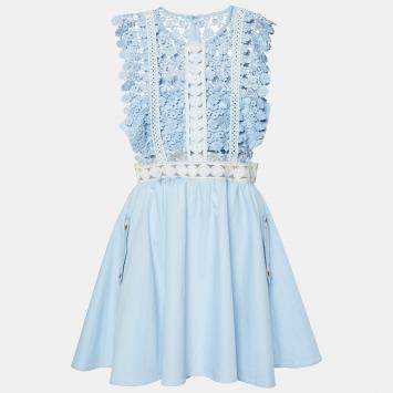 Pre Owned Self-Portrait Blue Guipure Lace Cotton Mini Dress M
