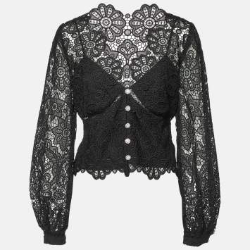 Pre Owned Self Portrait Black Floral Guipure Puff Sleeve Blouse L