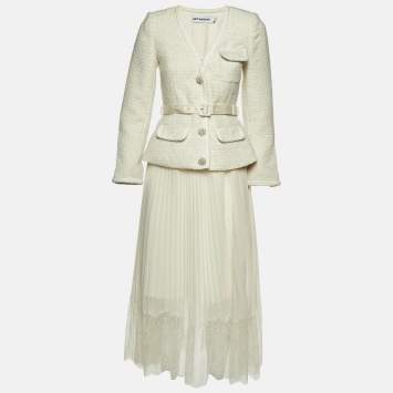 Pre Owned Self-Portrait Cream Boucle & Chiffon Tailored Midi Dress S