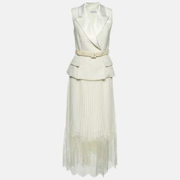 Pre Owned Self-Portrait Cream Boucle & Chiffon Tailored Midi Dress S