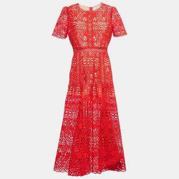 Pre Owned Self-Portrait Red Guipure Lace Midi Dress L