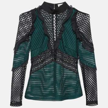 Pre Owned Self-Portrait Green Mesh Ruffle Detail Top S