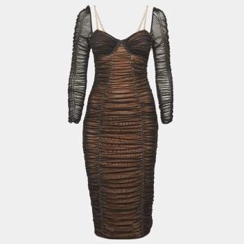 مملوكة مسبقًا Self-Portrait Black Mesh Ruched Strap Detail Bodycon Dress S