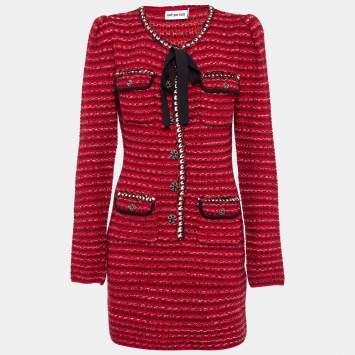 Pre Owned Self-Portrait Red Patterned Wool Blend Melange Knit Mini Dress L