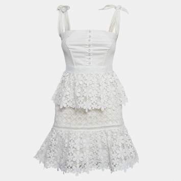 Pre Owned  Self-Portrait White Lace Tiered Off-Shoulder Mini Dress S