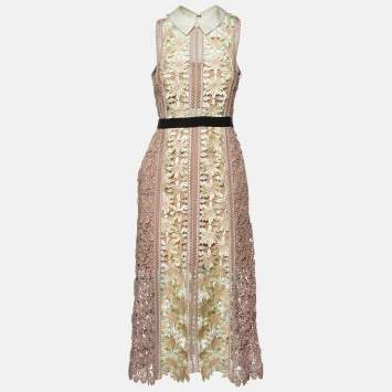 مملوكة مسبقًا Self-Portrait Pink Floral Guipure Lace Paneled Midi Dress M