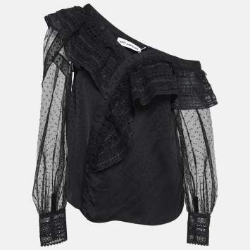 Pre Owned Self-Portrait Black Patterned Satin Guipure Lace Trim Blouse S