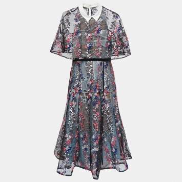 مملوكة مسبقًا Self-Portrait Black Embroidered Tulle and Guipure Midi Dress M