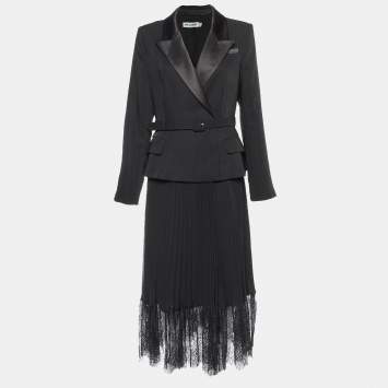 مملوكة مسبقًا Self-Portrait Black Crepe & Chiffon Tailored Midi Dress L