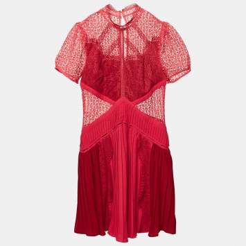 Pre Owned Self-Portrait Pink Guipure Lace Pleated Mini Dress S
