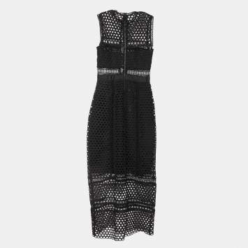 Pre Owned Self-Portrait Black Guipure Lace Paneled Sleeveless Midi Dress S