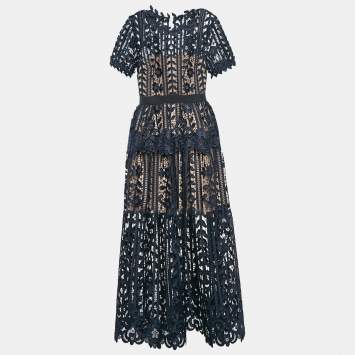 Pre Owned Self-Portrait Navy Blue Floral Lace Tiered Midi Dress S