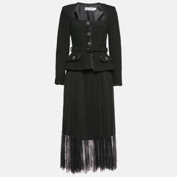 Pre Owned Self-Portrait Black Tweed and Chiffon Tailored Bodice Midi Dress M