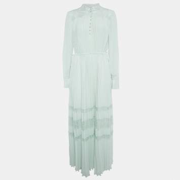 Pre Owned Self-Portrait Light Green Corded Lace-Trim Chiffon Plisse Maxi Dress M