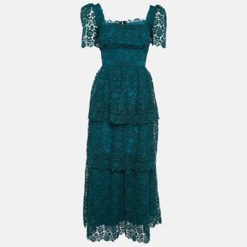 Pre Owned Self-Portrait Green Floral Lace Tiered Midi Dress M