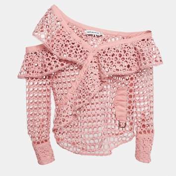 Pre Owned Self-Portrait Pink Guipure Lace One Shoulder Ruffled Top M