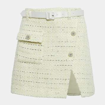 Pre Owned Self-Portrait Yellow Bouclé Belted Mini Wrap Skirt S