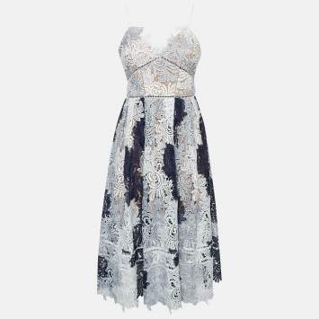 Pre Owned Self Portrait Blue/White Guipure Lace Camellias Midi Dress M