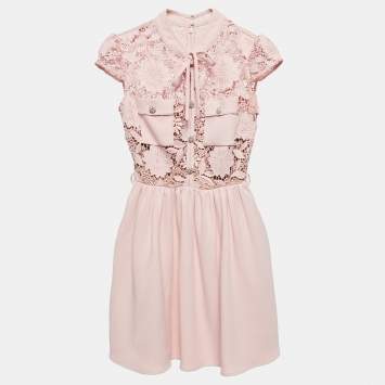 Pre Owned Self-Portrait Pink Floral Guipure Lace and Crepe Mini Dress XS
