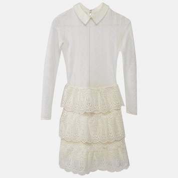 Pre Owned Self-Portrait White Lace Ruffled Full Sleeve Mini Dress S