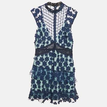 Pre Owned Self-Portrait Navy Blue Floral Applique Mesh Mini Dress M