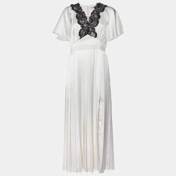 Pre Owned Self-Portrait White Lace Trim Satin Pleated Maxi Dress M