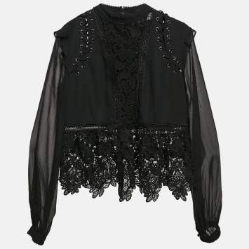 Pre Owned Self-Portrait Black Lace & Crepe Lace-Up Detail Blouse M