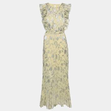 مملوكة مسبقًا Self-Portrait Yellow Jacquard Fabric Belted Sleeveless Maxi Dress M