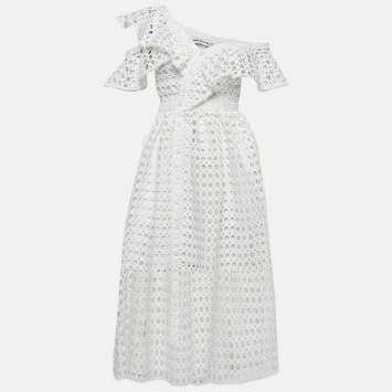 Pre Owned Self-Portrait White Guipure Lace Ruffled Midi Dress S