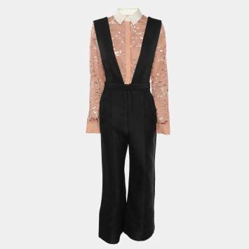 Pre Owned Self-Portrait Black Botanical Crest Jacquard Jumpsuit M