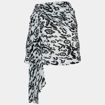 Pre Owned Self-Portrait Black/White Leopard Print Plisse Draped Mini Skirt M
