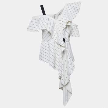 Pre Owned Self-Portrait Stripe Crepe Ruffled Asymmetric Top M