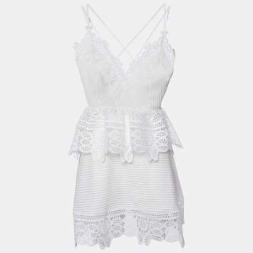 Pre Owned Self-Portrait White Guipure Lace Sleeveless Mini Peplum Dress S