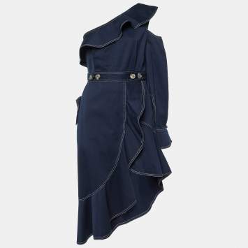 Pre Owned Self-Portrait Navy Blue Canvas Asymmetric Ruffled Dress M