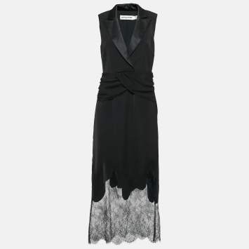 Pre Owned Self-Portrait Black Lace Trim Crepe Sleeveless Tailored Dress M