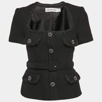 Pre Owned Self-Portrait Black Tweed Tailored Peplum Top S