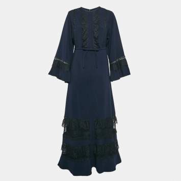 Pre Owned Self-Portrait Navy Blue Crepe Lace Trimmed Maxi Dress M