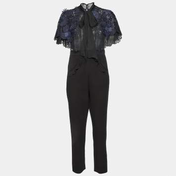 Pre Owned Self-Portrait Black/Blue Cady & Lace Ruffled Tie-Neck Jumpsuit M