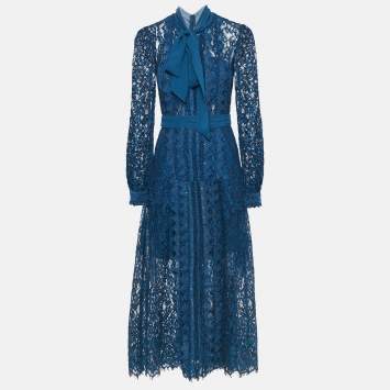 Pre Owned  Self-Portrait Blue Petrol Lace Pussy Bow Midi Dress S