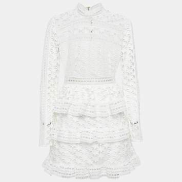 Pre Owned Self-Portrait White Star Pattern Lace Tiered Mini Dress M