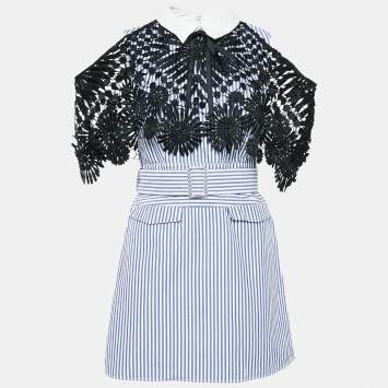 Pre Owned Self-Portrait White/Blue Stripe Cotton Lace Overlay Detail Mini Dress M
