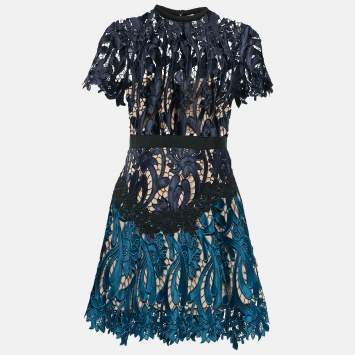 Pre Owned Self-Portrait Blue Floral Lace Cut-and-Sew Detail Mini Dress M