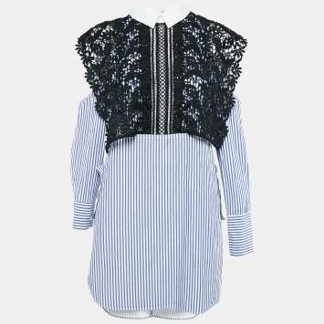 Pre Owned Self-Portrait White/Blue Stripe Cotton Lace Overlay Detail Short Dress M