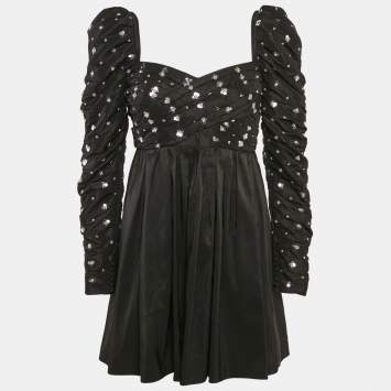 Pre Owned Self-Portrait Black Cluster Sequin Taffeta Pleated Mini Dress S