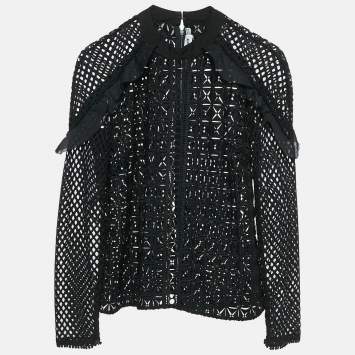 Pre Owned Self-Portrait Black Guipure Lace Ruffled Full Sleeve Top M