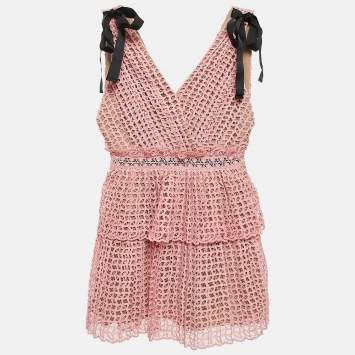 Pre Owned Self-Portrait Pink Guipure Lace Pleated Sleeveless Mini Dress S
