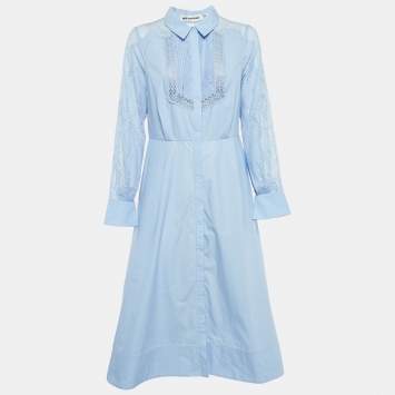 Pre Owned Self-Portrait Blue Cotton Lace Panel Detail Midi Shirt Dress S