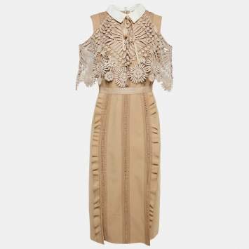 Pre Owned Self-Portrait Beige Crepe and Lace Hinkley Midi Dress L